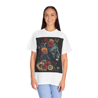 Lion with Floral Head Dress- Unisex Garment-Dyed T-shirt