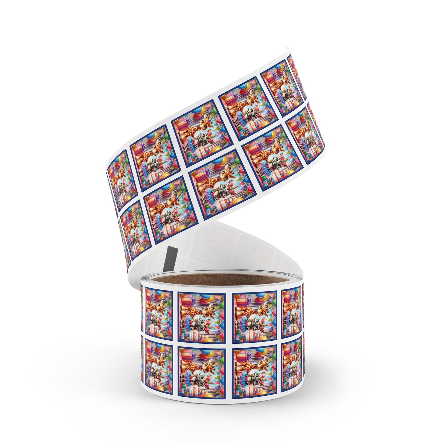 Festive Animal Party Square Sticker Label Rolls - Perfect for Birthdays and Celebrations - Blue Border
