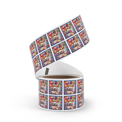 Festive Animal Party Square Sticker Label Rolls - Perfect for Birthdays and Celebrations - Blue Border