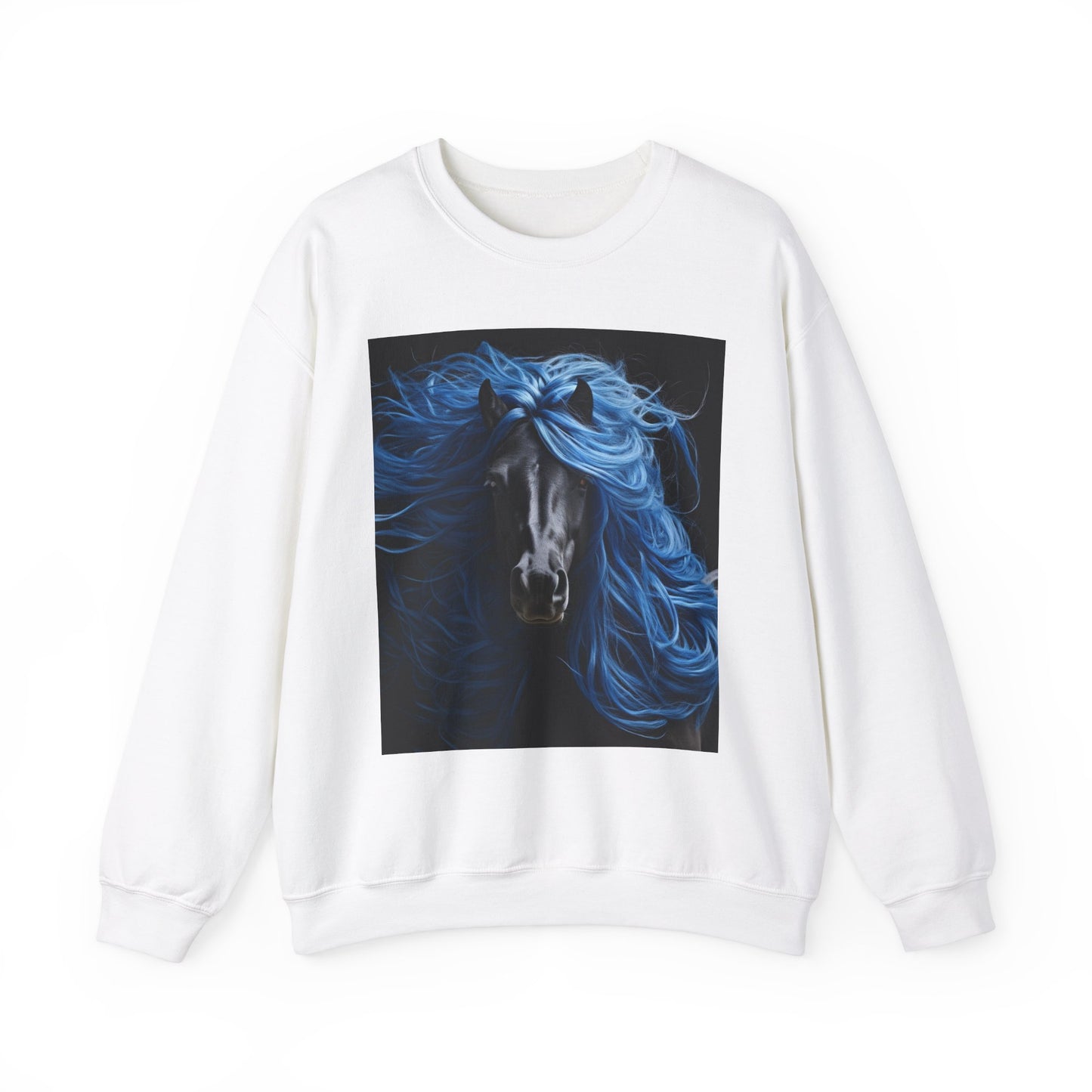 Black Horse with Blue Silky Hair Sweatshirt_Unisex Heavy Blend™ Crewneck Sweatshirt