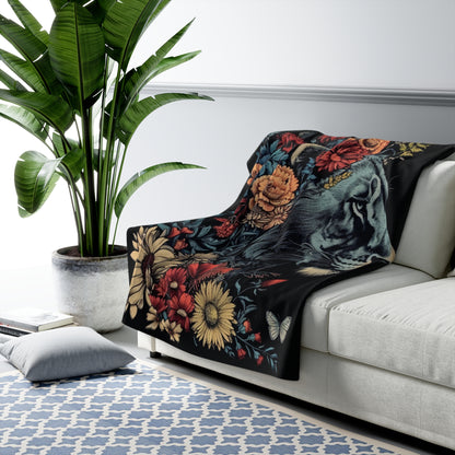 Lion Head with Flowers - Sherpa Fleece Blanket - Click me to see Image