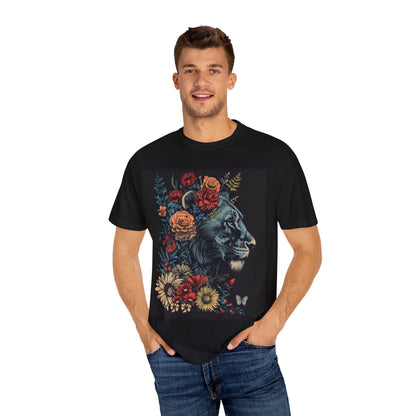 Lion with Floral Head Dress- Unisex Garment-Dyed T-shirt