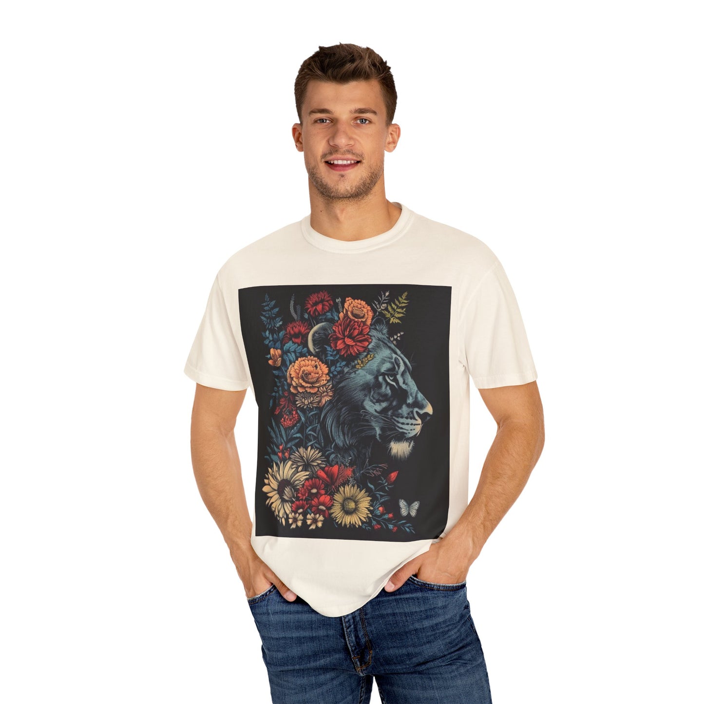 Lion with Floral Head Dress- Unisex Garment-Dyed T-shirt