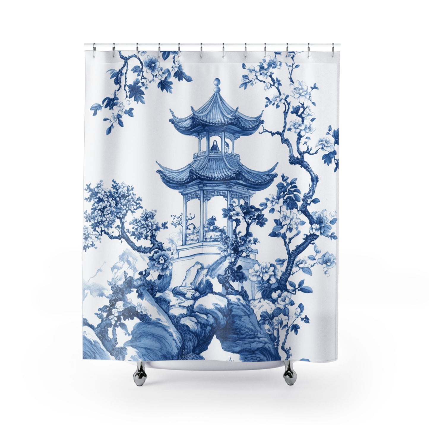 Elegant Blue Floral Shower Curtain - Zen Inspired Bathroom Decor - Chinoiserie Aesthetic