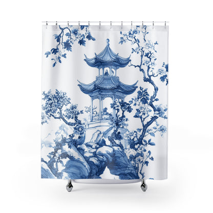 Elegant Blue Floral Shower Curtain - Zen Inspired Bathroom Decor - Chinoiserie Aesthetic