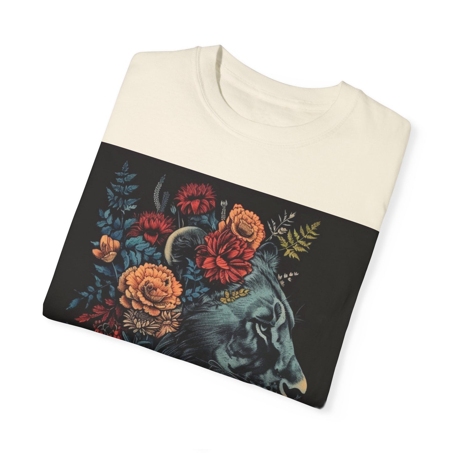 Lion with Floral Head Dress- Unisex Garment-Dyed T-shirt