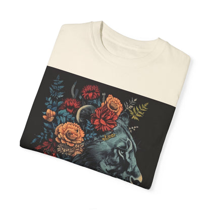 Lion with Floral Head Dress- Unisex Garment-Dyed T-shirt