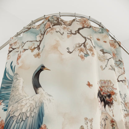 Elegant Floral Shower Curtain with Crane Design - Japanese Aesthetic Bathroom Decor
