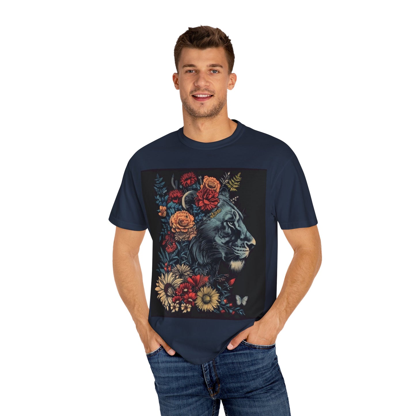 Lion with Floral Head Dress- Unisex Garment-Dyed T-shirt