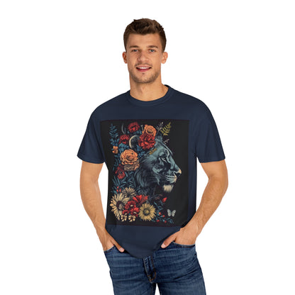Lion with Floral Head Dress- Unisex Garment-Dyed T-shirt
