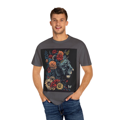 Lion with Floral Head Dress- Unisex Garment-Dyed T-shirt