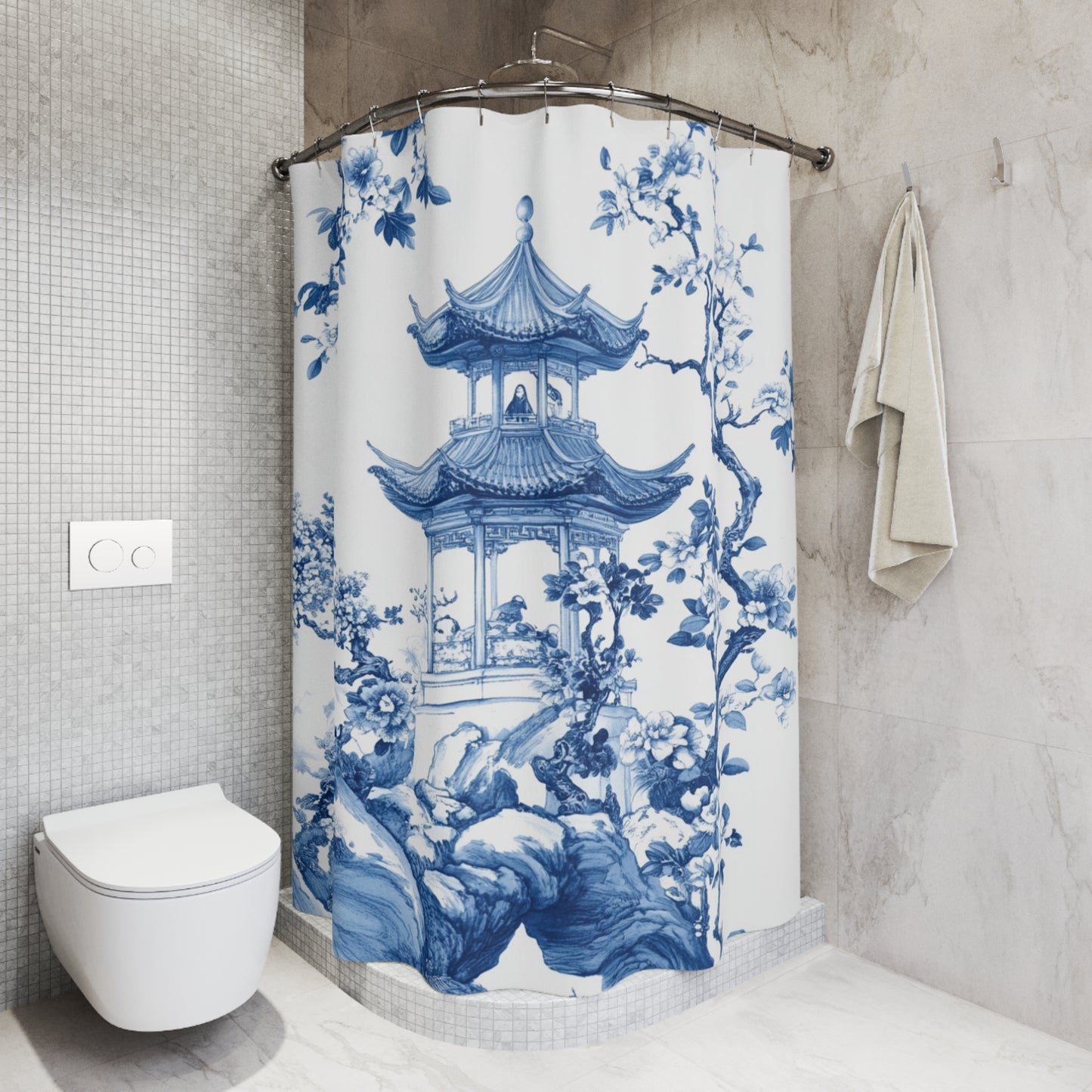 Elegant Blue Floral Shower Curtain - Zen Inspired Bathroom Decor - Chinoiserie Aesthetic