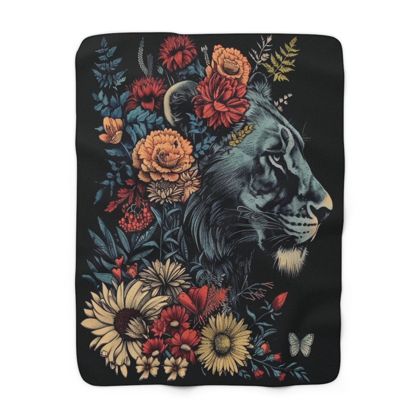 Lion Head with Flowers - Sherpa Fleece Blanket - Click me to see Image