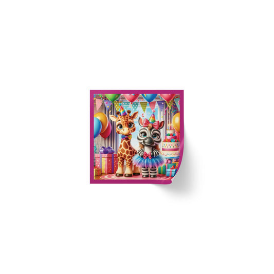 Festive Animal Party Square Sticker Label Rolls - Perfect for Birthdays and Celebrations -Pink Border