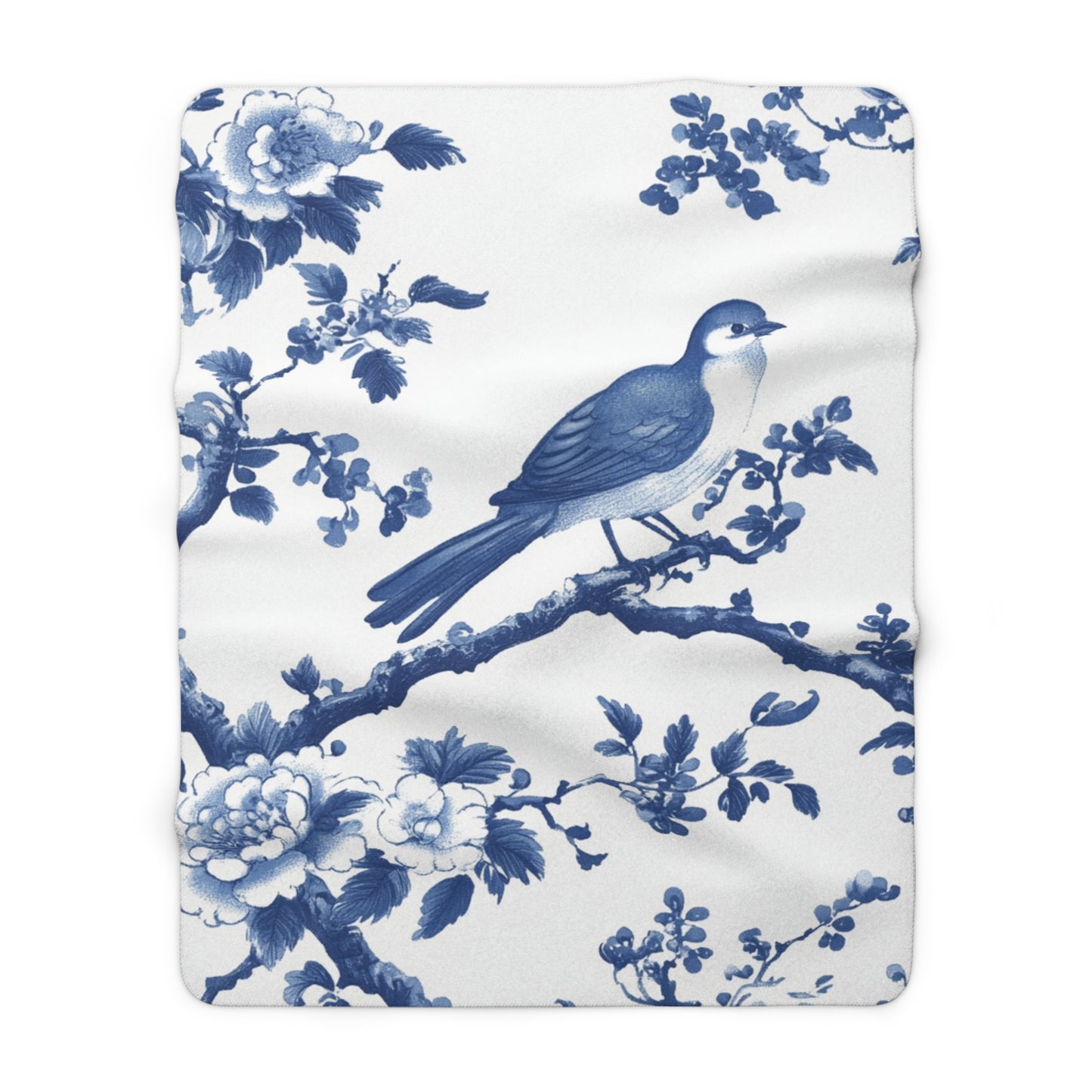 Cozy Sherpa Fleece Blanket with Floral Bird Design - Chinoiserie Aesthetic