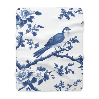 Cozy Sherpa Fleece Blanket with Floral Bird Design - Chinoiserie Aesthetic