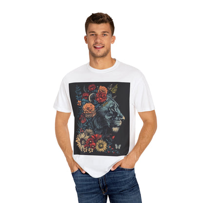 Lion with Floral Head Dress- Unisex Garment-Dyed T-shirt
