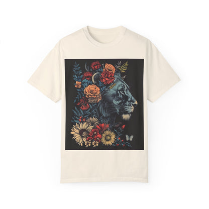 Lion with Floral Head Dress- Unisex Garment-Dyed T-shirt