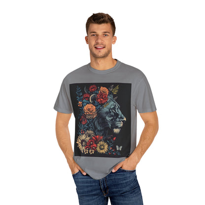 Lion with Floral Head Dress- Unisex Garment-Dyed T-shirt