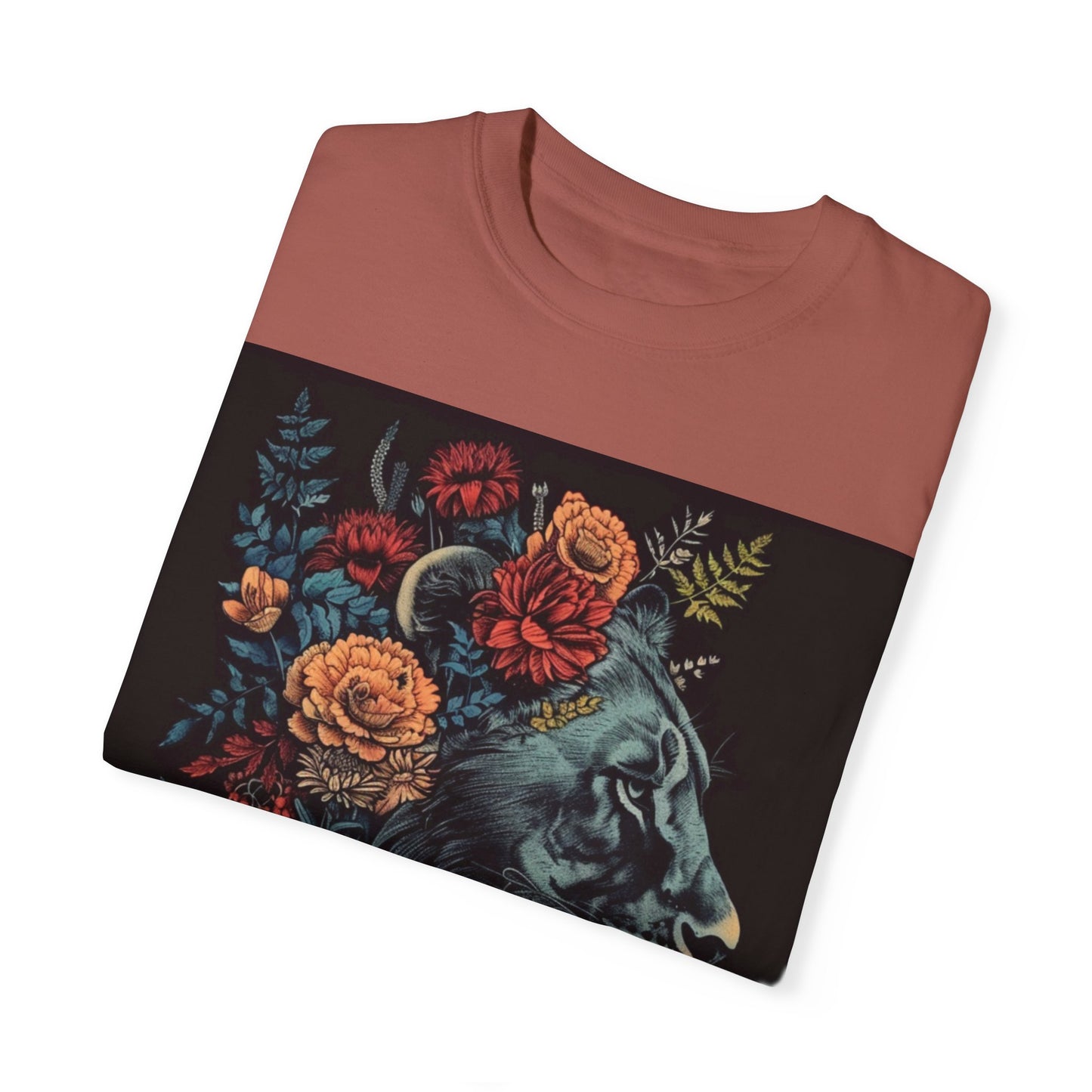 Lion with Floral Head Dress- Unisex Garment-Dyed T-shirt