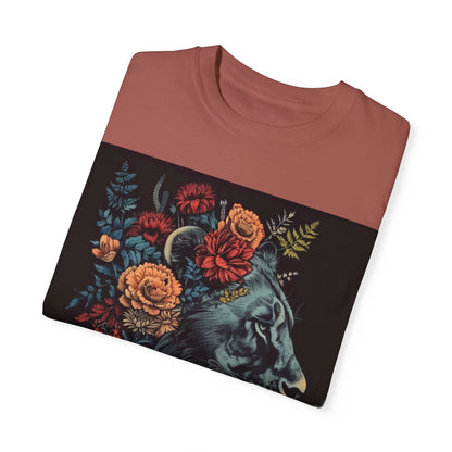 Lion with Floral Head Dress- Unisex Garment-Dyed T-shirt