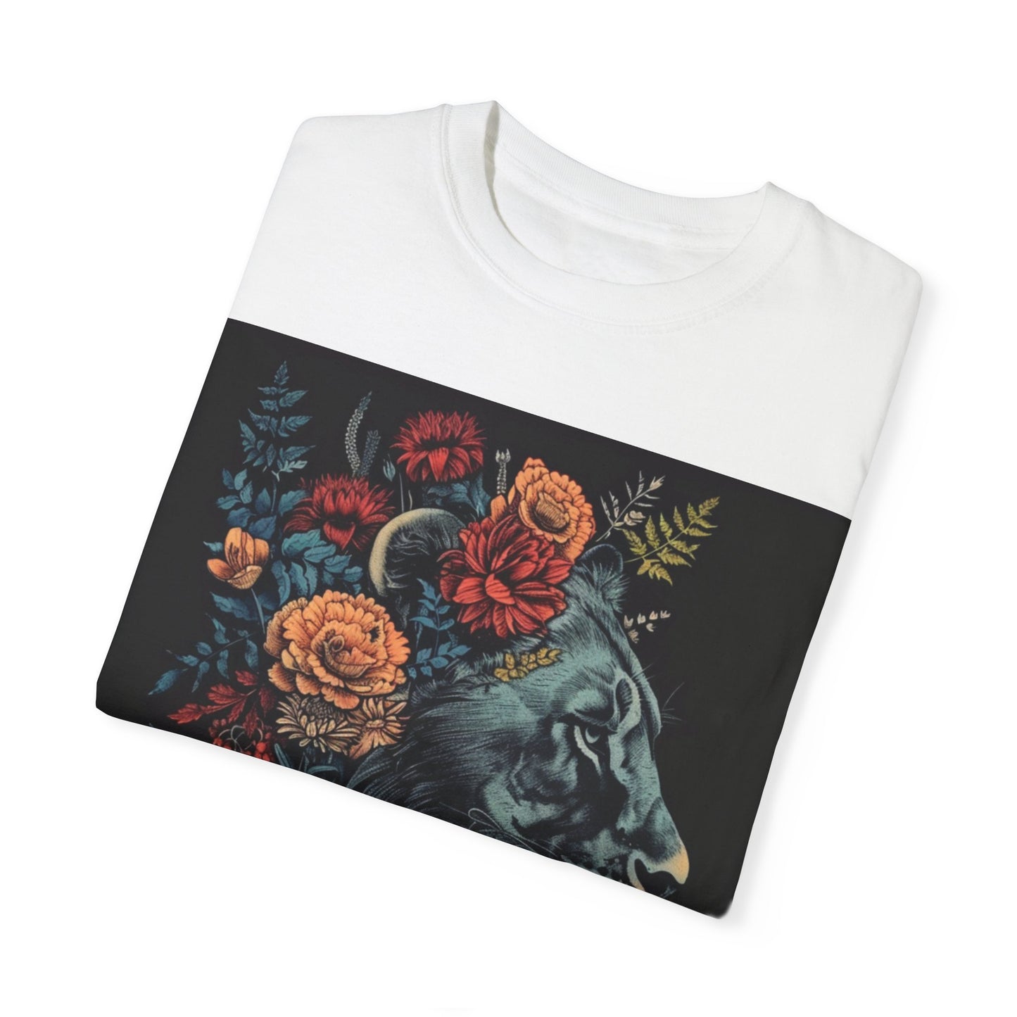 Lion with Floral Head Dress- Unisex Garment-Dyed T-shirt