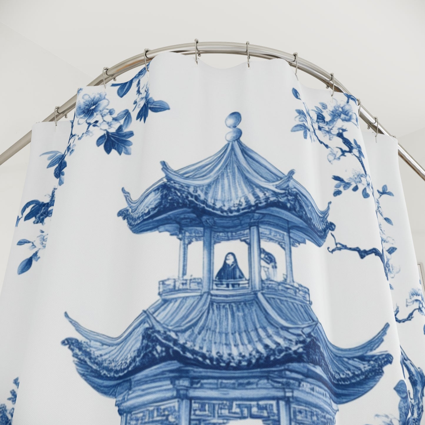 Elegant Blue Floral Shower Curtain - Zen Inspired Bathroom Decor - Chinoiserie Aesthetic