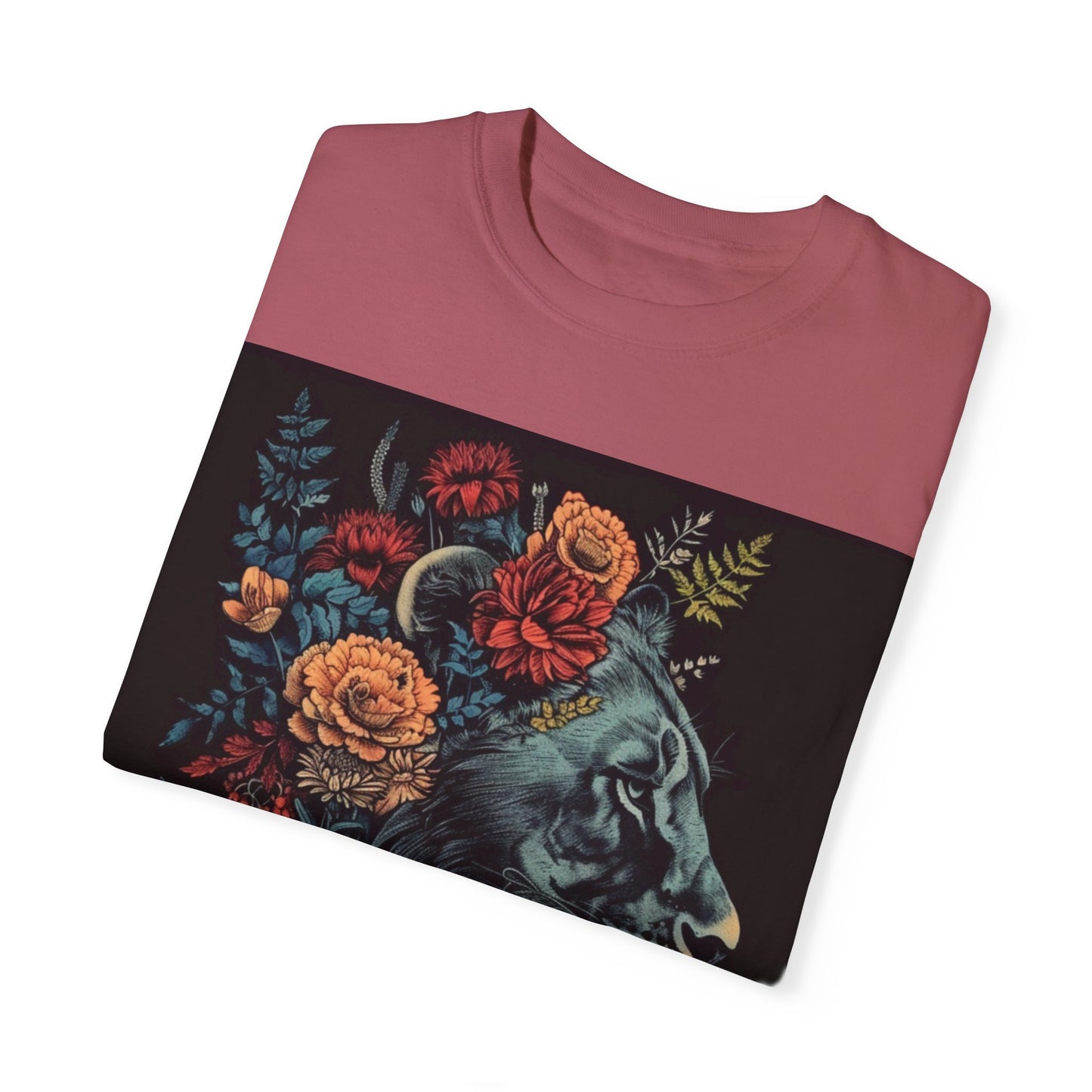 Lion with Floral Head Dress- Unisex Garment-Dyed T-shirt