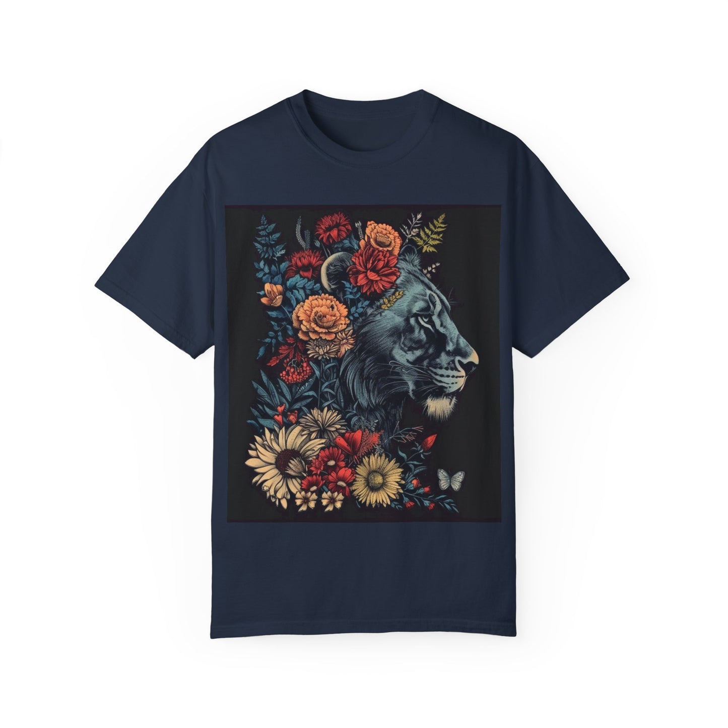 Lion with Floral Head Dress- Unisex Garment-Dyed T-shirt