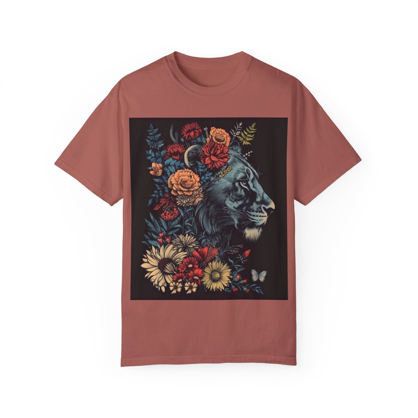 Lion with Floral Head Dress- Unisex Garment-Dyed T-shirt