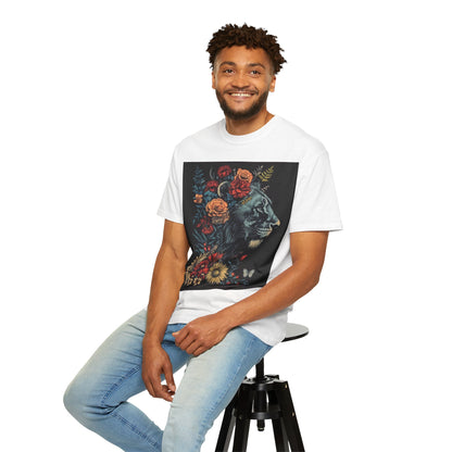 Lion with Floral Head Dress- Unisex Garment-Dyed T-shirt