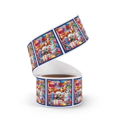 Festive Animal Party Square Sticker Label Rolls - Perfect for Birthdays and Celebrations - Blue Border