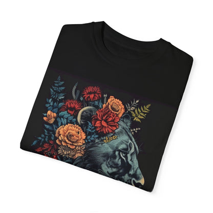Lion with Floral Head Dress- Unisex Garment-Dyed T-shirt