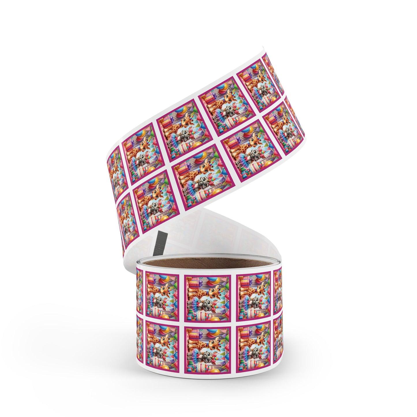 Festive Animal Party Square Sticker Label Rolls - Perfect for Birthdays and Celebrations -Pink Border
