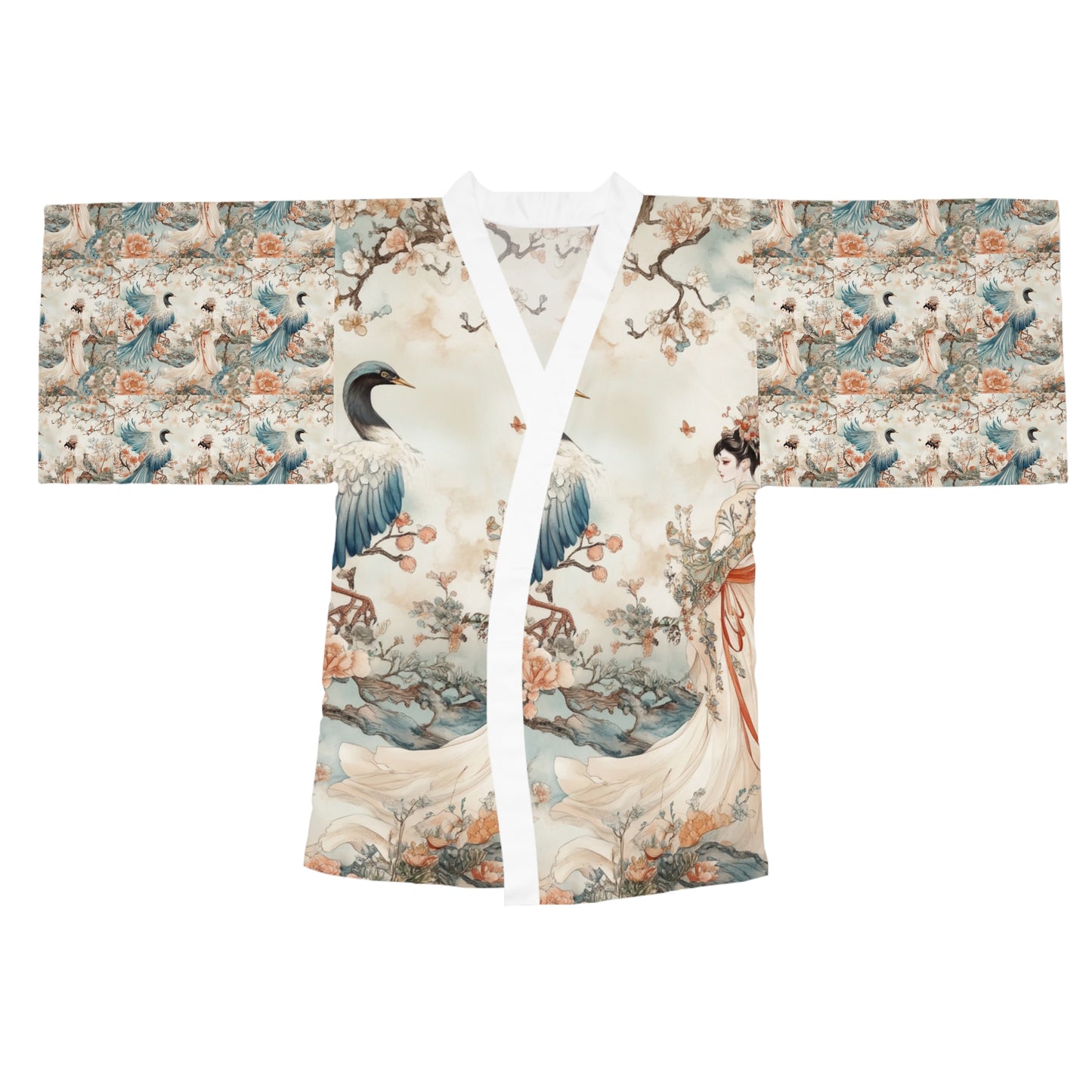 Elegant Long Sleeve Kimono Robe with Floral and Crane Design - Perfect for Relaxation and Special Occasions
