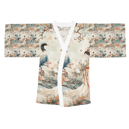Elegant Long Sleeve Kimono Robe with Floral and Crane Design - Perfect for Relaxation and Special Occasions
