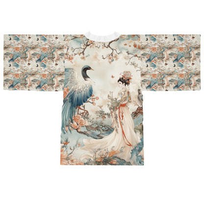 Elegant Long Sleeve Kimono Robe with Floral and Crane Design - Perfect for Relaxation and Special Occasions