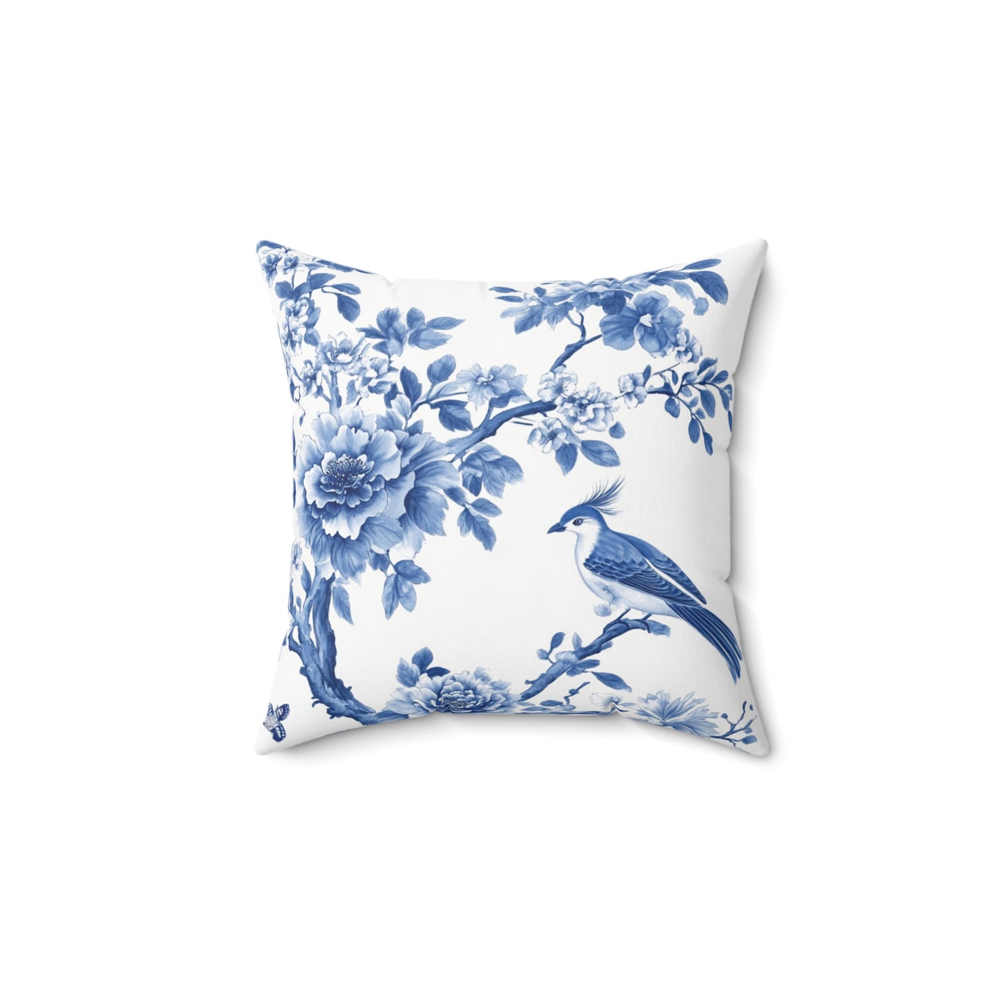 Blue Floral Bird Print Pillow - Elegant Home Decor for All Occasions - Chinoiserie Aesthetic