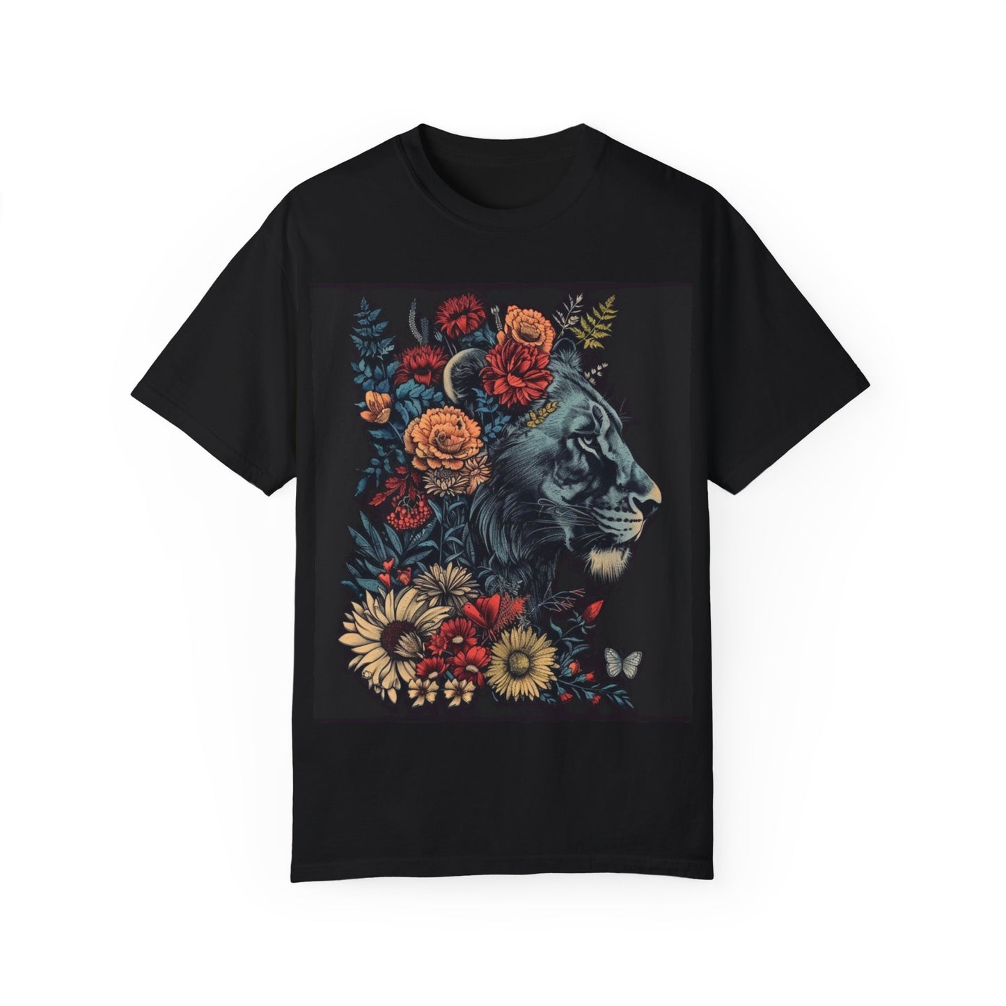 Lion with Floral Head Dress- Unisex Garment-Dyed T-shirt