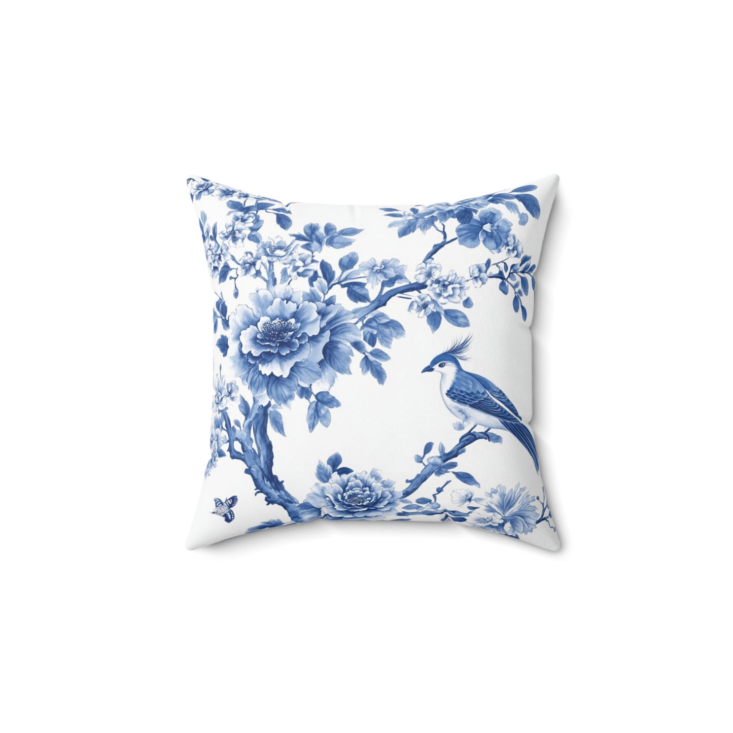 Blue Floral Bird Print Pillow - Elegant Home Decor for All Occasions - Chinoiserie Aesthetic