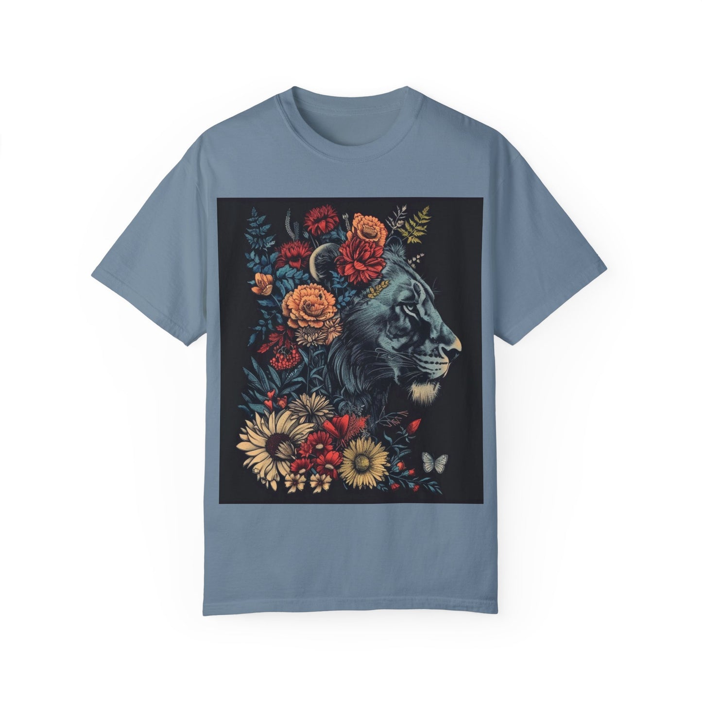 Lion with Floral Head Dress- Unisex Garment-Dyed T-shirt