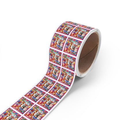 Festive Animal Party Square Sticker Label Rolls - Perfect for Birthdays and Celebrations -Pink Border