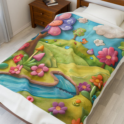 Whimsical Floral Velveteen Plush Blanket, Cozy Home Decor, Kids Room Accessory, Gift for Baby Showers, Spring Nursery Decoration