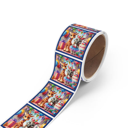 Festive Animal Party Square Sticker Label Rolls - Perfect for Birthdays and Celebrations -Pink Border