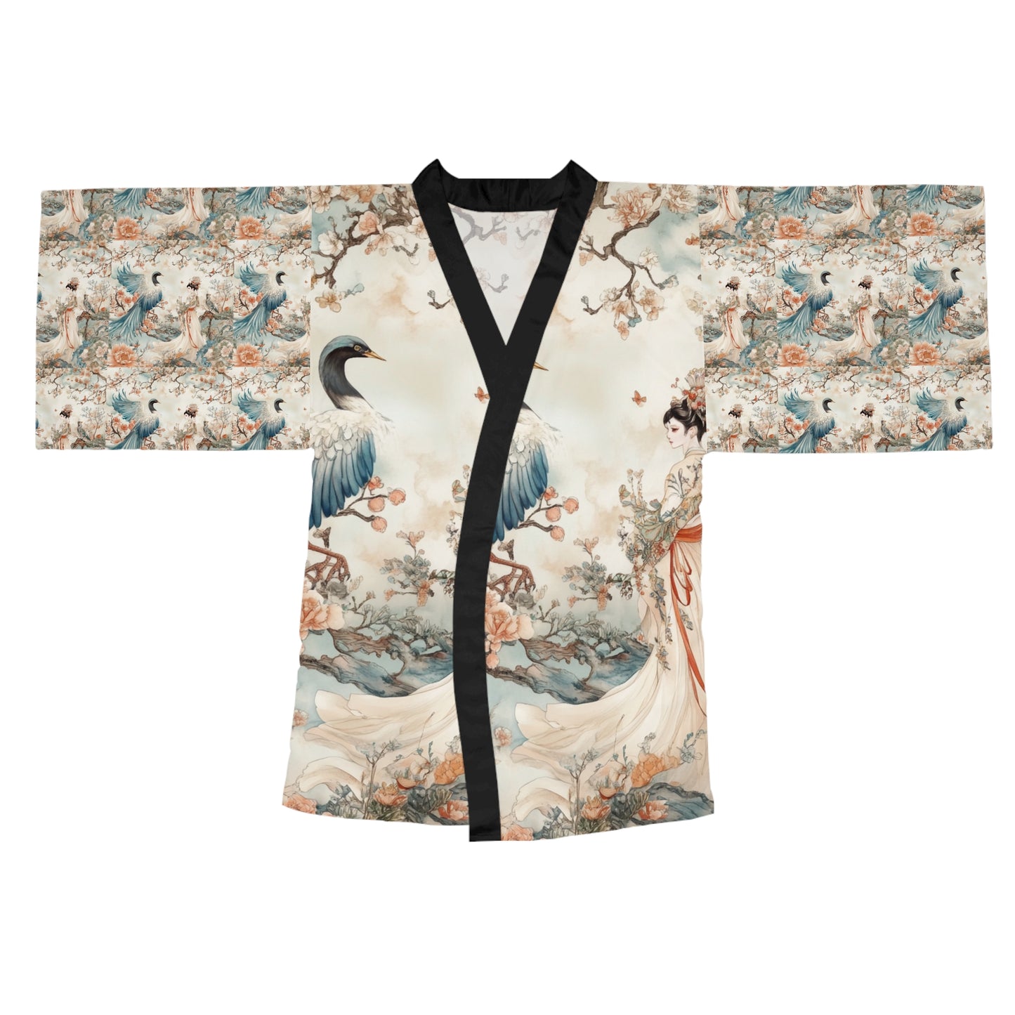 Elegant Long Sleeve Kimono Robe with Floral and Crane Design - Perfect for Relaxation and Special Occasions