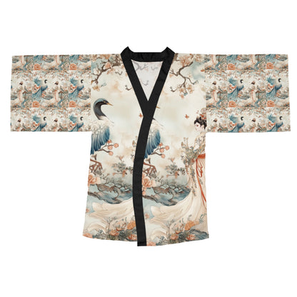 Elegant Long Sleeve Kimono Robe with Floral and Crane Design - Perfect for Relaxation and Special Occasions